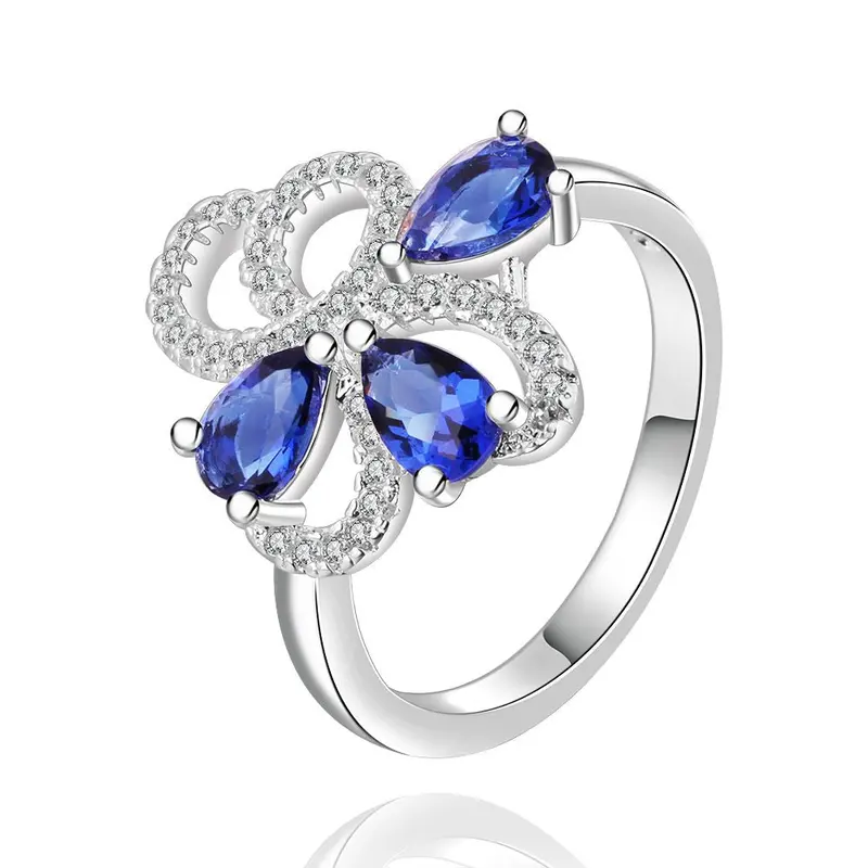 Silver Engagement Rings Insets Flower-Sapphire Anillos Jewelry 1