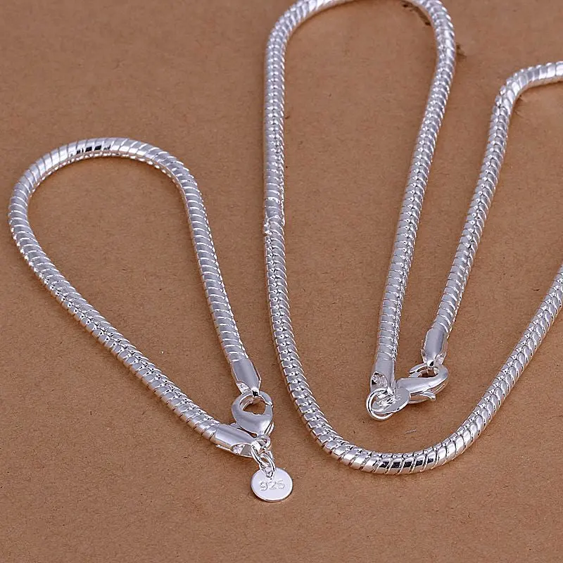 Silver Jewelry Set 4Mm Snake Chain Necklae&Bracelet Hand Madeball 1