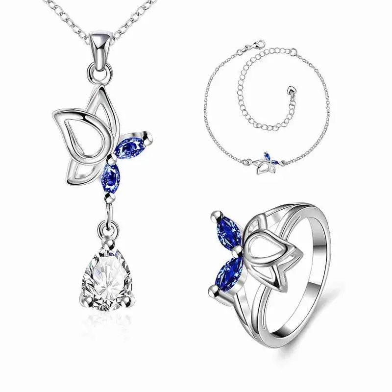 Silver Jewelry Set Dance Butterfly Necklace + Ring + Anklet Sets188 1