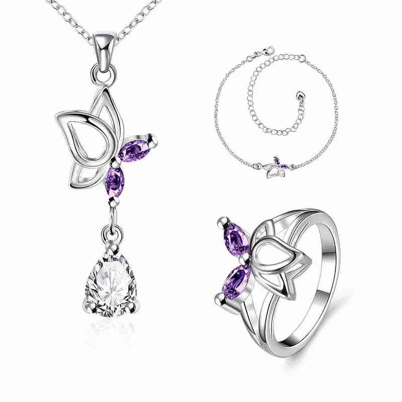 Silver Jewelry Set Dance Butterfly Necklace + Ring + Anklet Sets188 2