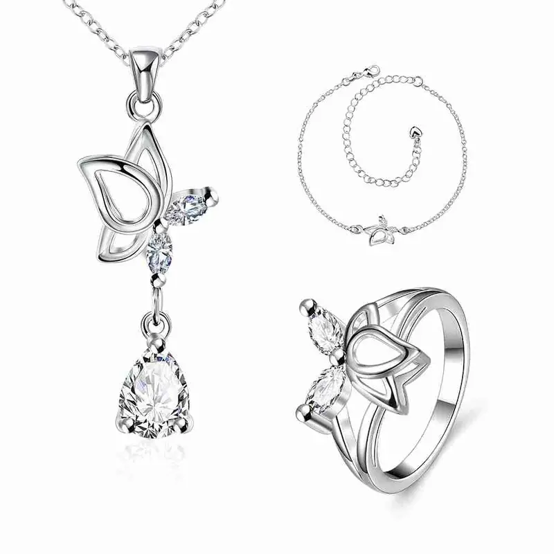 Silver Jewelry Set Dance Butterfly Necklace + Ring + Anklet Sets188 3