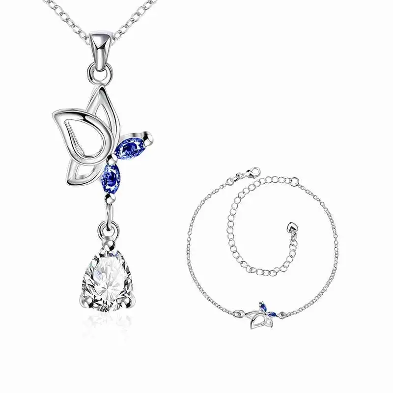 Silver Jewelry Set Dance Butterfly Necklace + Ring + Anklet Sets188 4