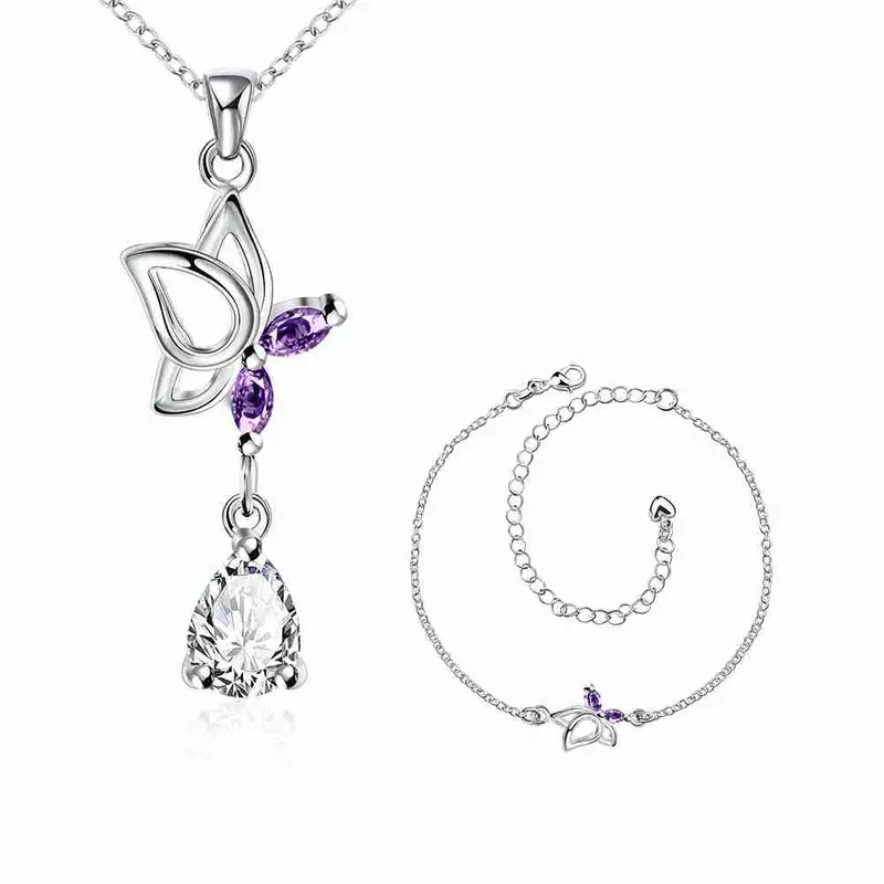 Silver Jewelry Set Dance Butterfly Necklace + Ring + Anklet Sets188 5