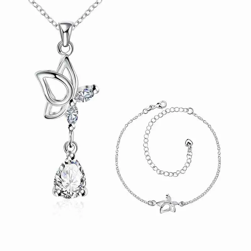 Silver Jewelry Set Dance Butterfly Necklace + Ring + Anklet Sets188 6