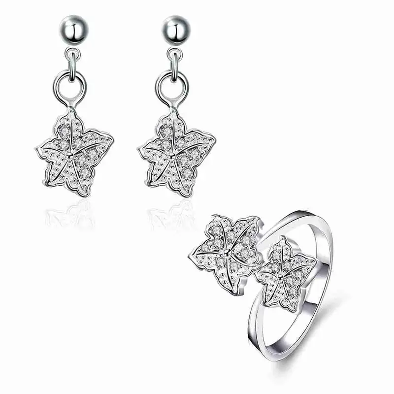 Silver Jewelry Set Double Star Rhinestone Ring + Earrings Sets Jewellery 42 3