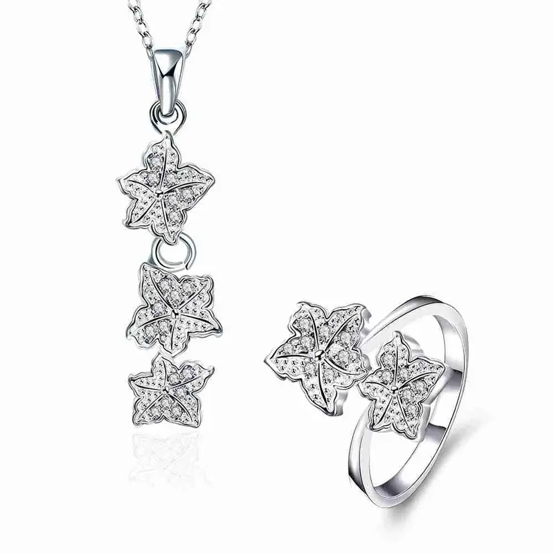 Silver Jewelry Set Double Star Rhinestone Ring + Earrings Sets Jewellery 42 6