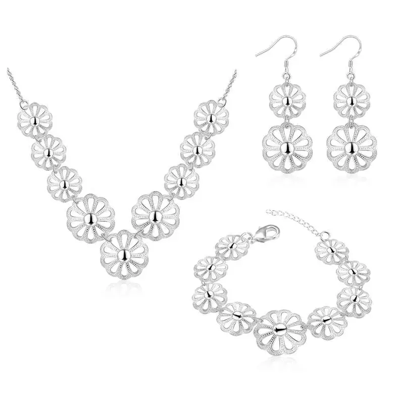 Silver Jewelry Set Flower Necklace Earrings Bracelet Sets Joias 63 1