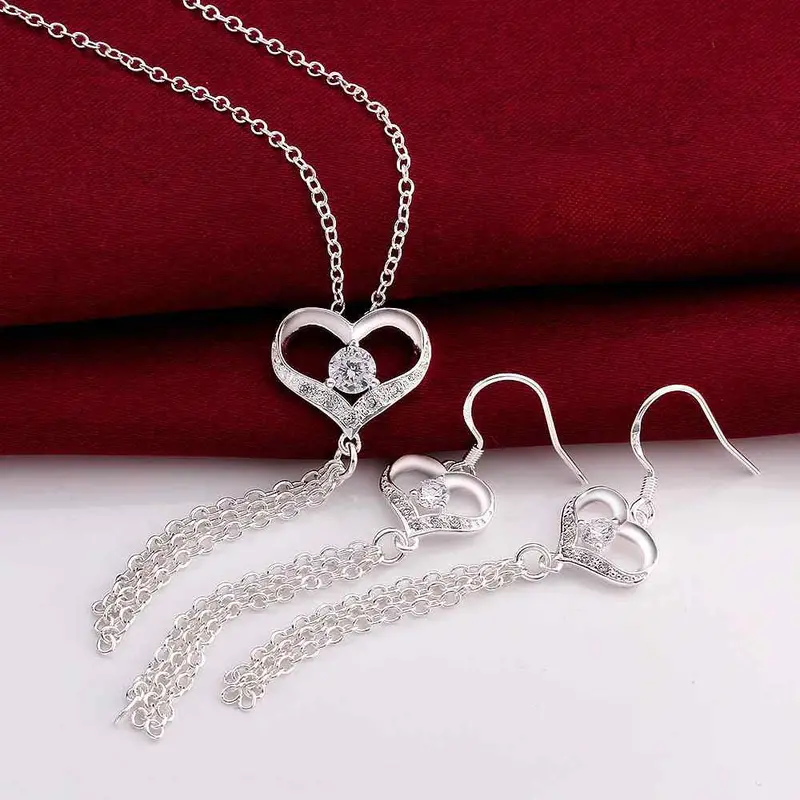 Silver Jewelry Set Heart Pruple Stone Inside N+E Sets Accessories 2