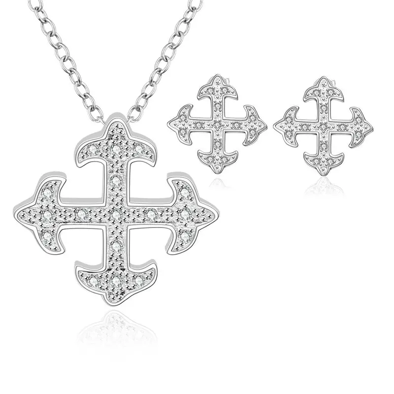 Silver Jewelry Set Insets Cross Necklace+Earrings+Rings African Jewelry Set Elegant 23 1