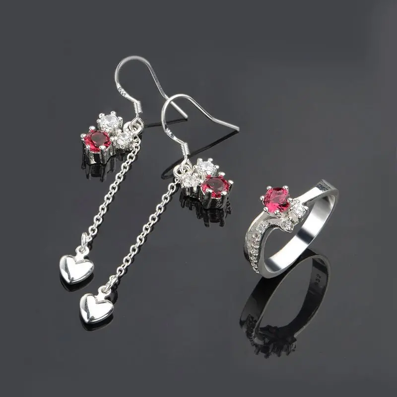 Silver Jewelry Set Red Drop Heart R+E African Jewelry Set Wedding Jewelry  5 1