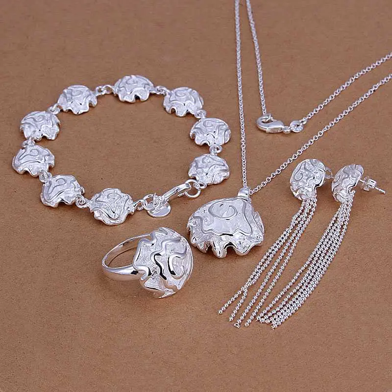 Silver Jewelry Set Rose Necklace Bracelet Earring Sets 13 1