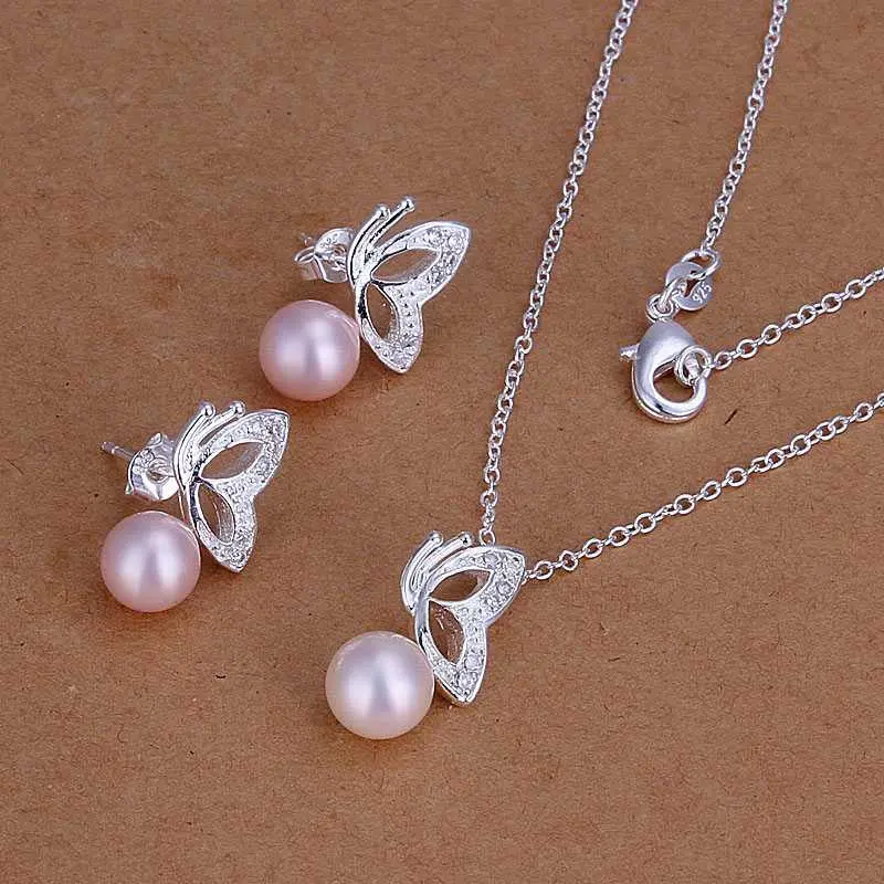 Silver Jewelry Set Simulated Pearl Butterfly Necklace&Earring Sets Sport 59 1