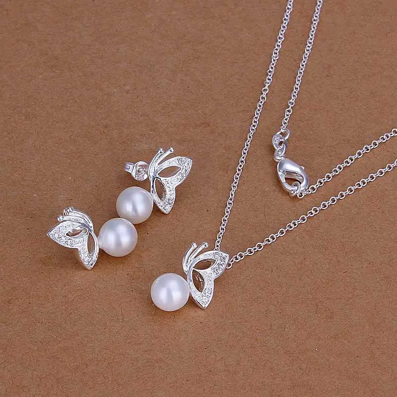 Silver Jewelry Set Simulated Pearl Butterfly Necklace&Earring Sets Sport 59 2