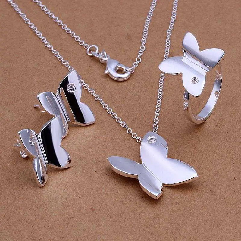 Silver Jewelry Set Smooth Butterfly Necklace&Earring&Ring Sets Hand Madeball 64 1