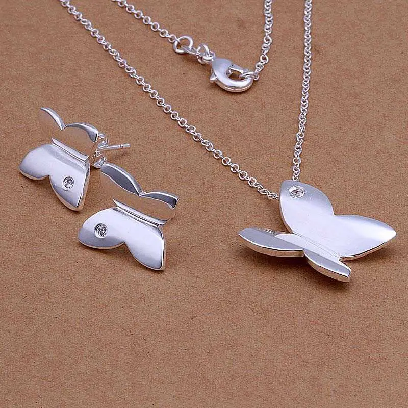 Silver Jewelry Set Smooth Butterfly Necklace&Earring&Ring Sets Hand Madeball 64 3