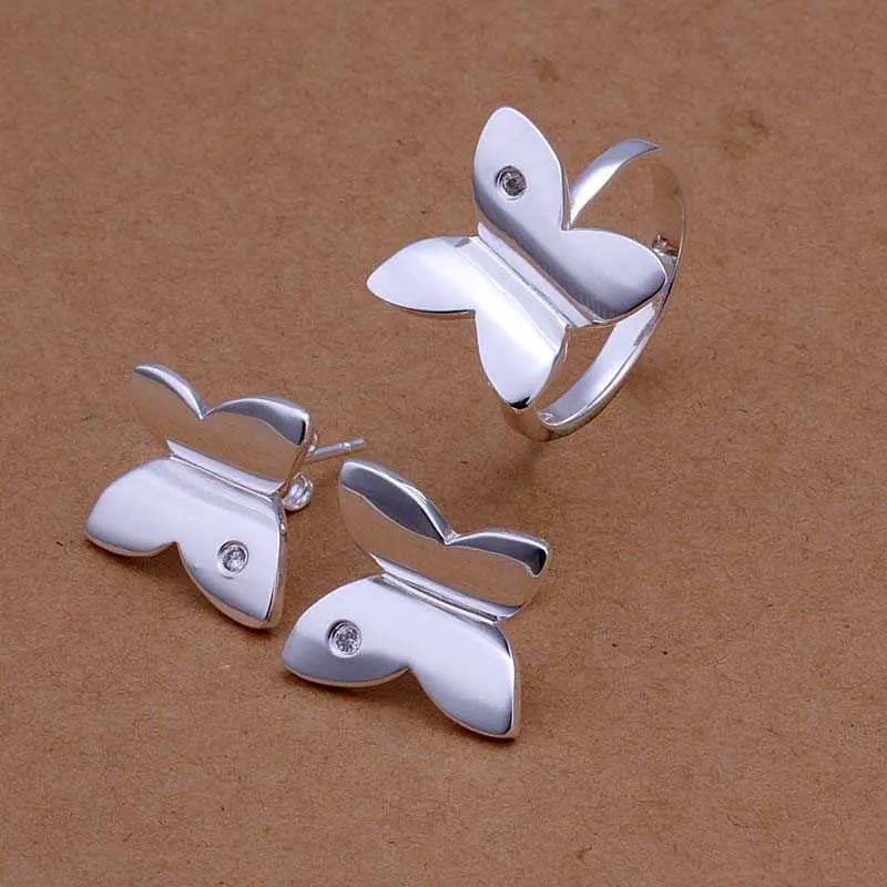 Silver Jewelry Set Smooth Butterfly Necklace&Earring&Ring Sets Hand Madeball 64 4