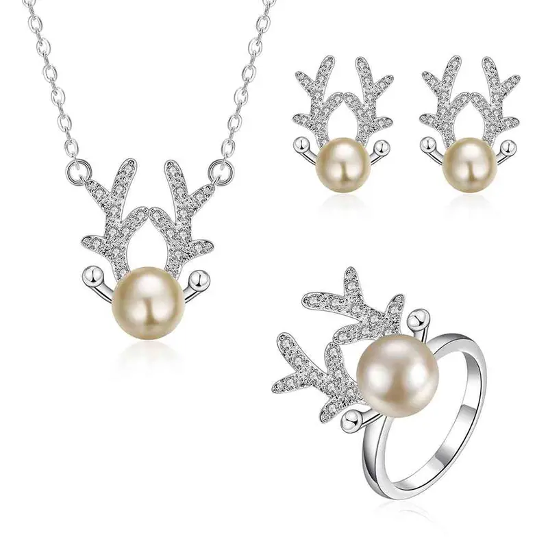 Silver Jewelry Sets Antler Necklace+Ring+Earrings Sets Wedding Jewelry 6 1