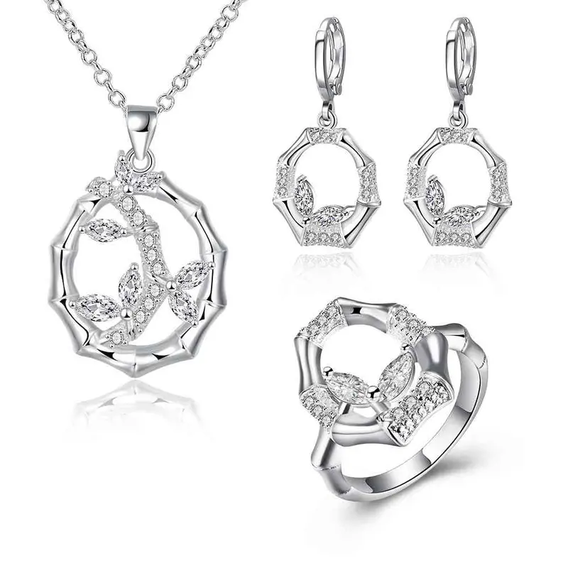 Silver Jewelry Sets Bamboo Circle Necklace+Ring+Earrings Sets 26 1