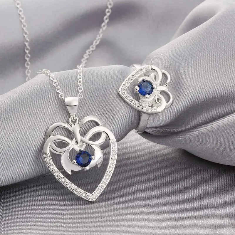 Silver Jewelry Sets Butterfly Xuan Heart Necklace+Ring Ruby Jewelry Fsps  2 1