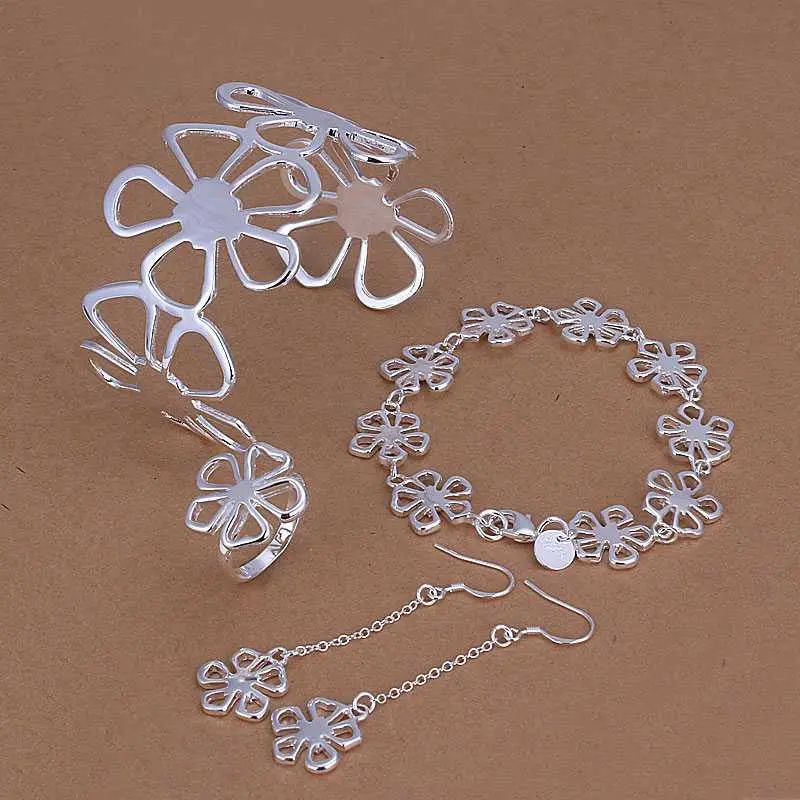 Silver Jewelry Sets Flower Bangle&Bracelet&Earring&Ring African Jewelry Set Accessories 87 2