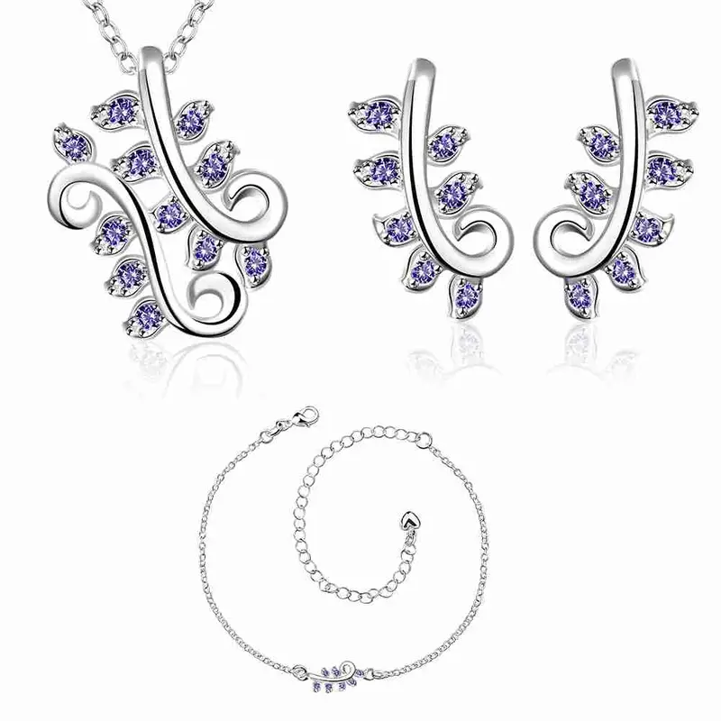 Silver Jewelry Sets Leaf Crystal Earrings Anklet Necklace Sets Jewelry European Style 1