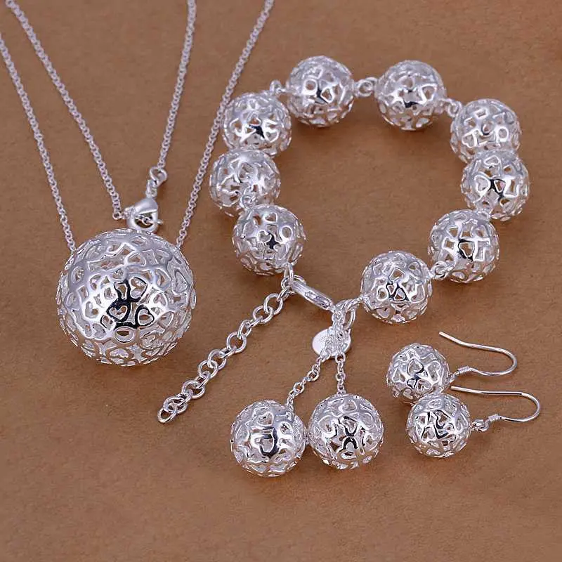 Silver Jewelry Sets Solid Ball Necklace&Bracelet&Earring African Jewelry Set 72 1