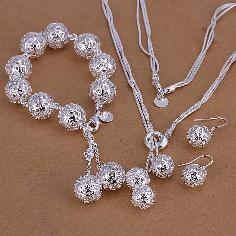 Silver Jewelry Sets Solid Ball Necklace&Bracelet&Earring African Jewelry Set 72 2