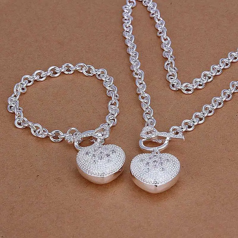 Silver Jewelry Sets Solid Heart Necklae&Earring African Jewelry Set Charms 89 1