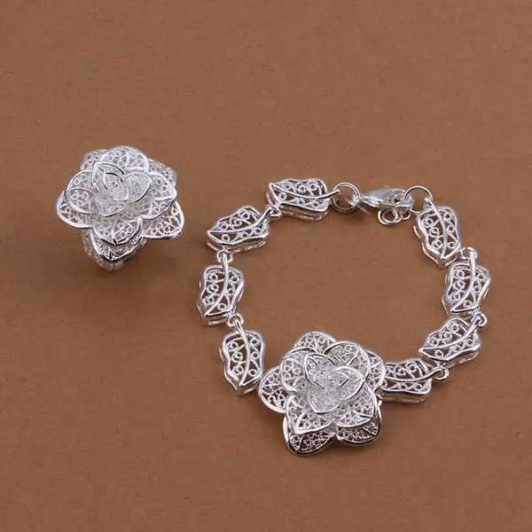 Silver Jewelry Setsilver Plated Jewelryflower Bracelet+Ring Set Smts442 1