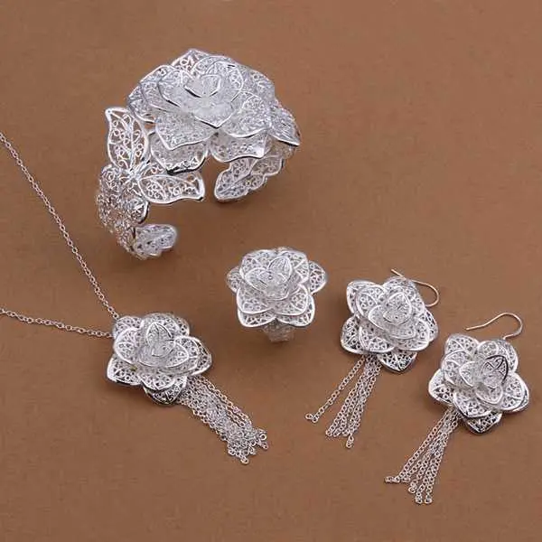 Silver Jewelry Setsilver Plated Jewelryflower Necklace+Bangle+Earring+Ring Set Smts444 1