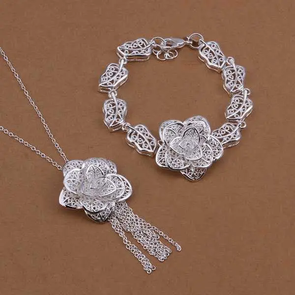 Silver Jewelry Setsilver Plated Jewelryflower Necklace+Bracelet Set Smts438 1