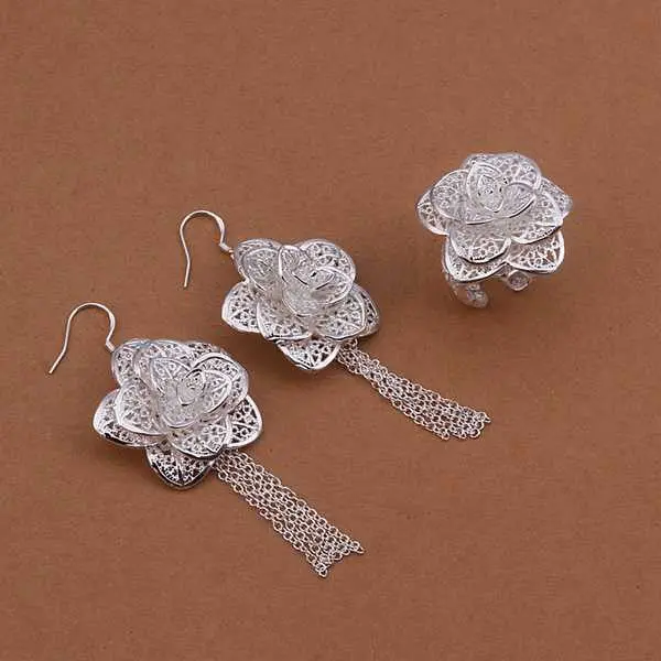 Silver Jewelry Setsilver Plated Jewelryflower Ring+Earring Set Smts441 1