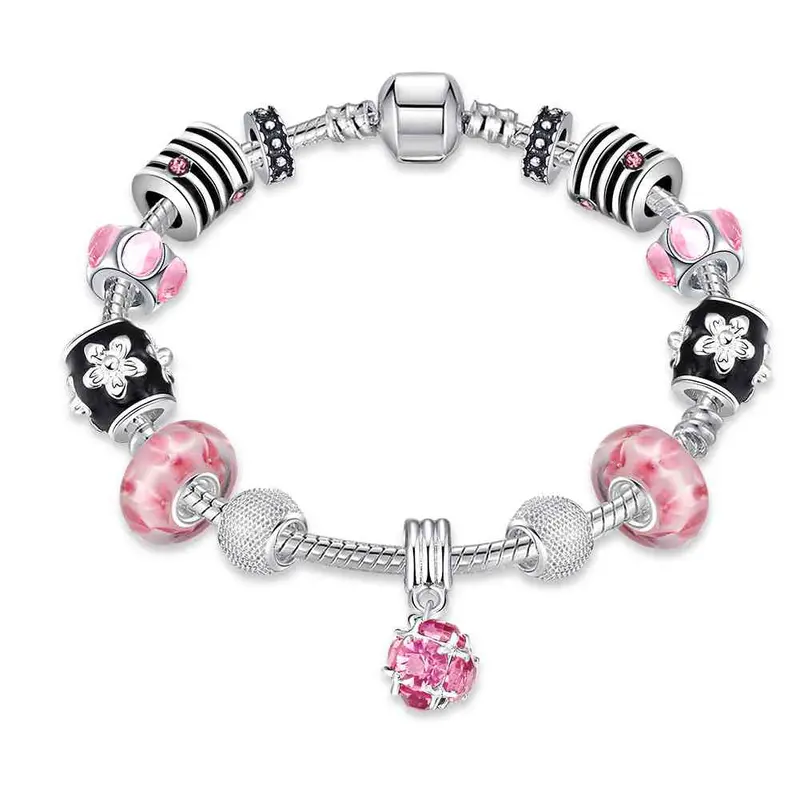 Silver Plated Bracelet Charms Pink Ball Pulseira Masculina Pfdh 37 1