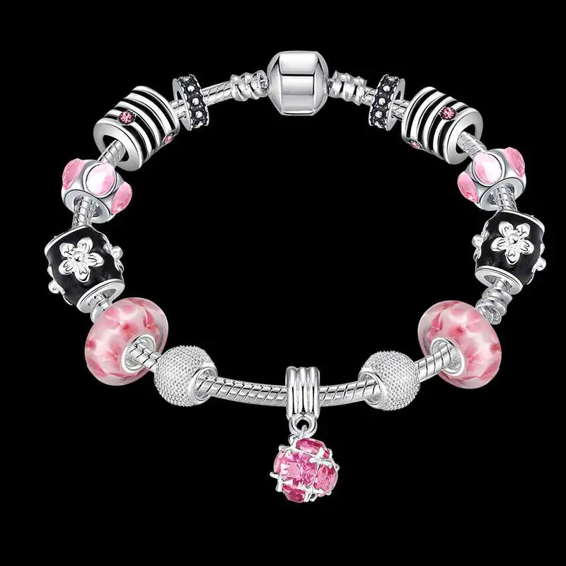 Silver Plated Bracelet Charms Pink Ball Pulseira Masculina Pfdh 37 2