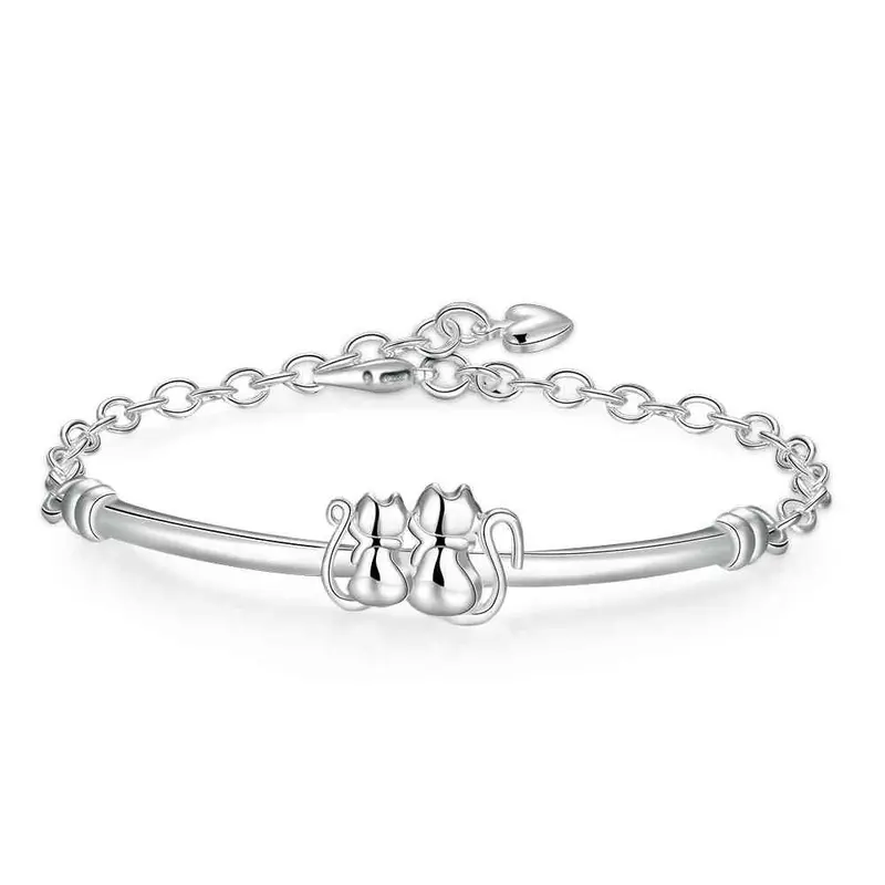 Silver Plated Bracelet Double Cat Pulseras Hombre Bijoux Femme389 1