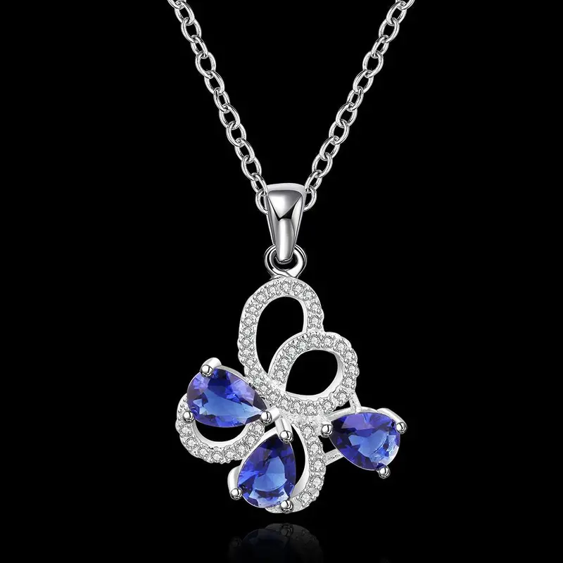 Silver Plated Chain Blue Flower Necklaces Pendants Men Jewelry 554 2