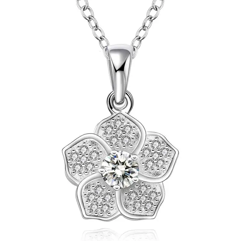 Silver Plated Chain Five Petals Flower Necklaces Pendants Men Jewelry 568 1