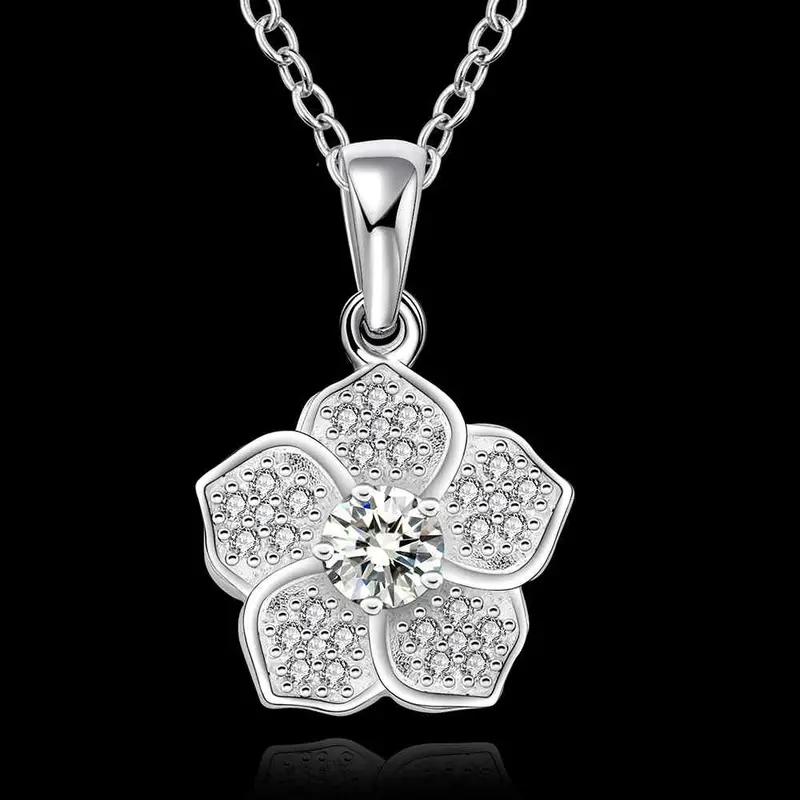 Silver Plated Chain Five Petals Flower Necklaces Pendants Men Jewelry 568 2
