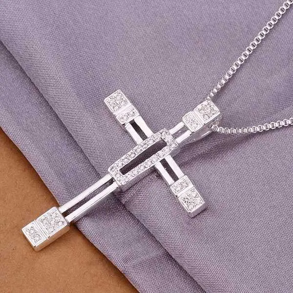 Silver Plated Chain Inlaid Stone Empty Cross Necklaces Pendants Men Jewelry 344 1
