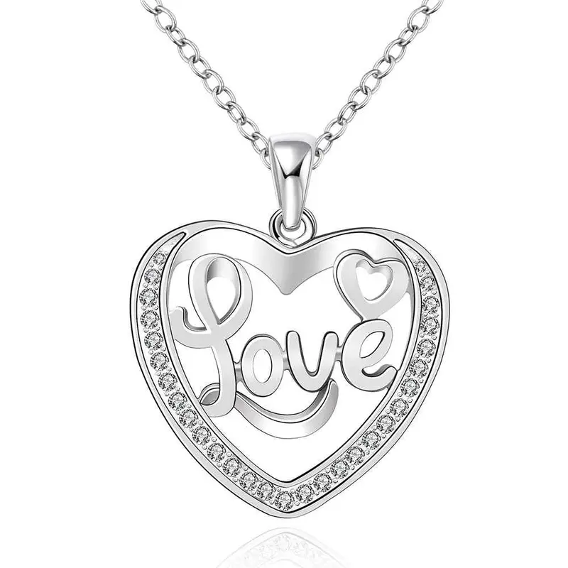 Silver Plated Chain Love Word In Heart Necklaces Pendants Men Jewelry 634 1