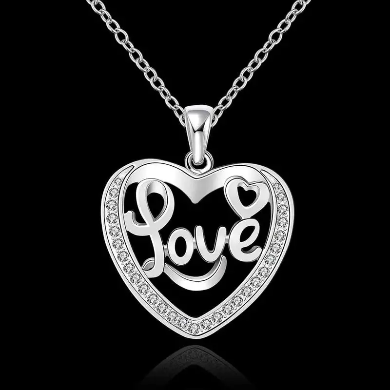 Silver Plated Chain Love Word In Heart Necklaces Pendants Men Jewelry 634 2