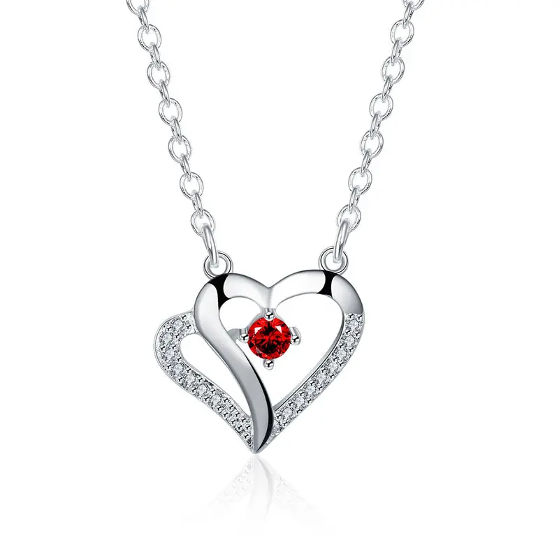 Silver Plated Chain Red Stone Heart Necklaces Pendants Men Jewelry 4 3 1
