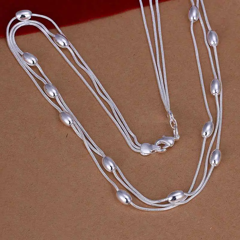 Silver Plated Chain Three Line Bead Necklaces Pendants Men Jewelry 214 1