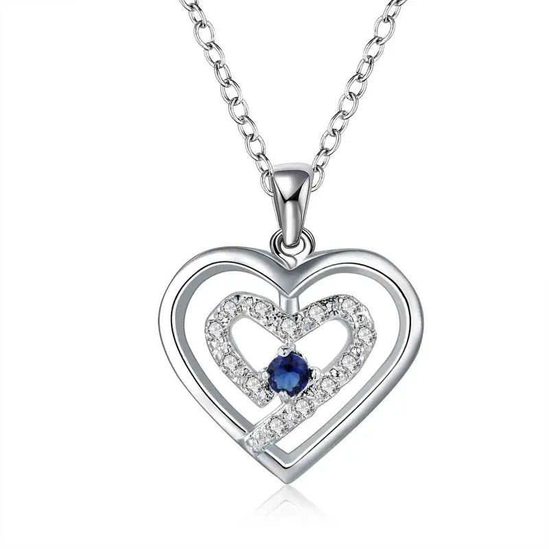Silver Plated Chain Two Heeart Stone Blue Necklaces Pendants Men Jewelry 597 1