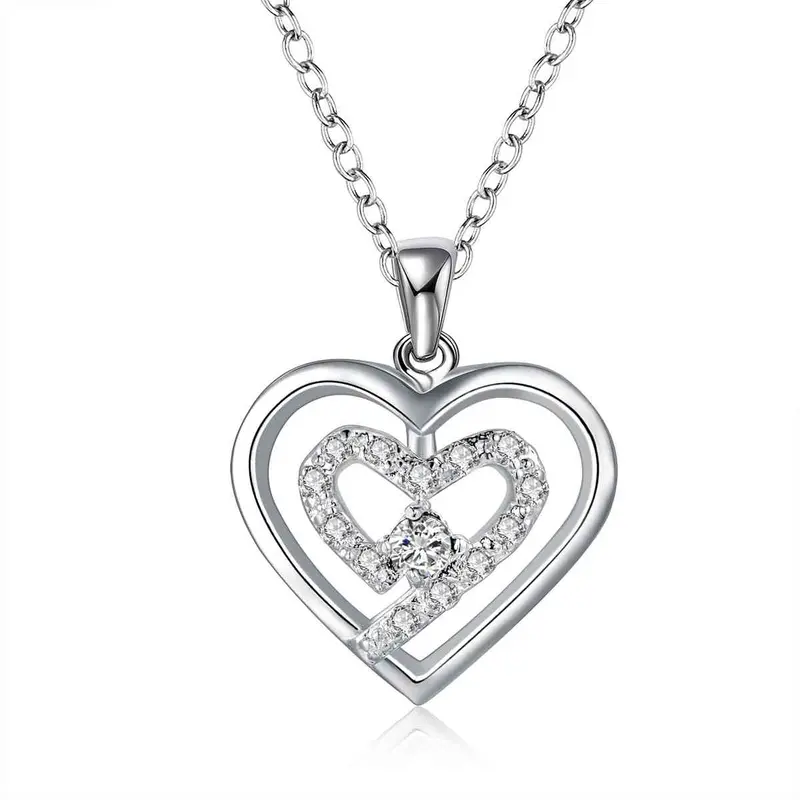 Silver Plated Chain Two Heeart Stone White Necklaces Pendants Men Jewelry 599 1