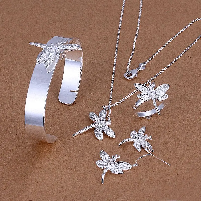 Silver Plated Dragonfly Jewelry Sets Necklace Bracelet Bangle Earring Ring Smts276 1