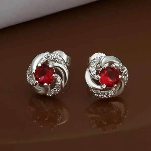 Silver Plated Earing Jewelry Red Stone Stud Earring 437 1
