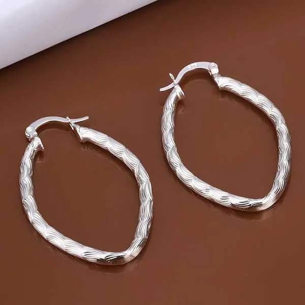 Silver Plated Earing Jewelry Stripe Oval Hoop Earring 343 1