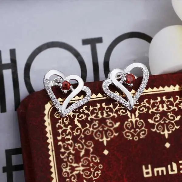 Silver Plated Earing Sterling Silver Jewelry Inlaid Stone Heart Stud Earrings 371 1