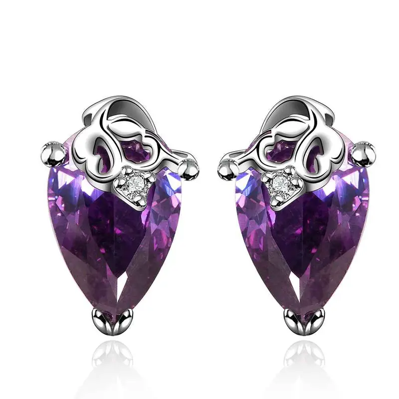 Silver Plated Earings Deep Violetta Heart Stud Brincos 182 1